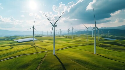  A captivating image of a wind farm featuring a group of wind turbines gracefully generating electric power in the middle of a lush green field.