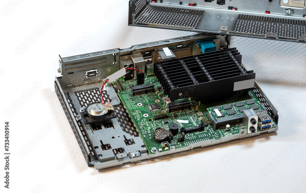 Opened passively cooled computer terminal, displaying showing internal ...