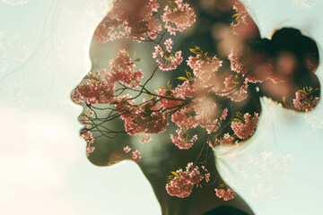 double exposure image of a woman's silhouette filled with a cherry blossom tree.