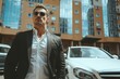 A sleek man in a tailored suit and stylish sunglasses exudes confidence as he stands next to his luxurious family car, set against the backdrop of a bustling city street