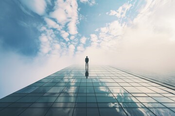 Poster - Businessman symbolizes globalization on skyscraper rooftop.