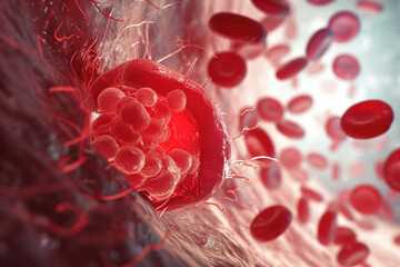 Wall Mural - close-up of a blood clot forming in a vein. The clot is growing larger, and there are other cells in the background.