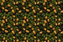 Seamless Pattern Of Raw Potatoes And Fresh Green Leaves On Dark Background