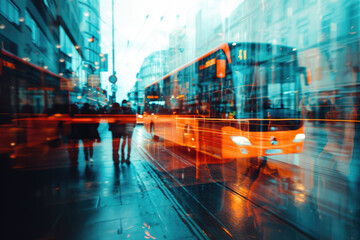 Poster - double exposure image of a public transport bus and a city street