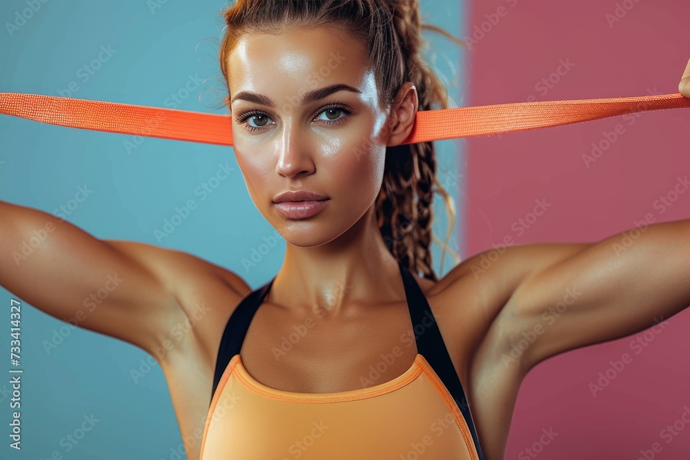 Foto de Stock A confident woman strikes a powerful pose, her muscles ...