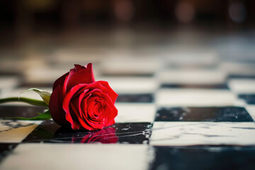 Canvas Print - photo of a black and white chess board with a red rose on it