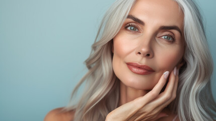 close-up portrait of an elegant senior woman with gray hair, gently touching her face and smiling subtly, set against a neutral background, suggesting a skincare or beauty theme.