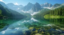 The Serene Beauty Of A Mountain Lake, Its Crystal-clear Waters Reflecting The Surrounding Peaks Like A Perfect Mirror