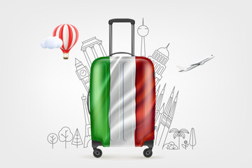 Poster - Plastic travel bag with italian flag and famous world sights. 3d vector illustration