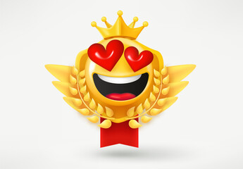 Poster - Golden emblem with happy emoji in love. Game achievement 3d badge isolated on white background