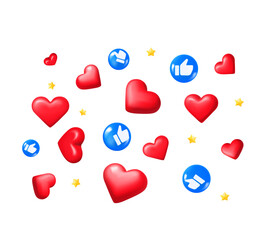 Poster - Flying red hearts and thumbs up symbols isolated on white background. 3d vector illustration