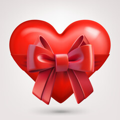 Aufkleber - Red heart with satin ribbon and bow isolated on white background. 3d vector illustration