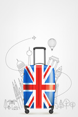 Poster - Color plastic travel bag with Great Britain flag and famous world sights. 3d vector illustration with copy space