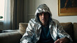 Mann sitzt in Aluminiumfolie eingehüllt zu Hause um sich gegen Strahlung zu schützen