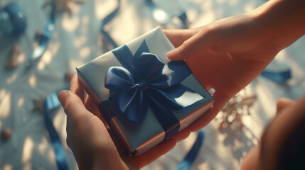 Poster - hands in the process of exchanging a gift wrapped in brown paper and adorned with a bright blue ribbon.