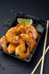 Wall Mural - Delicious fried shrimps. Delivery. close up  