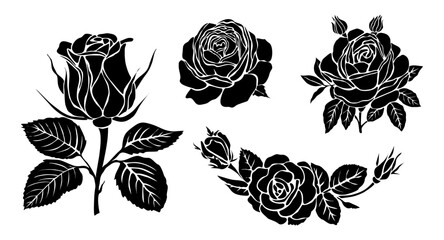 Sticker - Set of black silhouettes of decorative fresh blossoming rose with steam and leaves. Hand drawn outline flower icon. Vector monochrome illustrations isolated on white background.