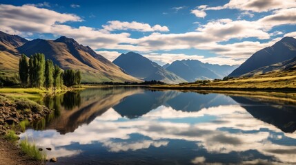 Wall Mural - A serene lake with reflections of surrounding mountains