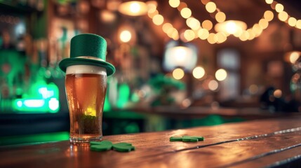 Wall Mural - Glass of delicious beer on bar counter with green leprechaun hat, st. patrick's day celebration wit copy space for text