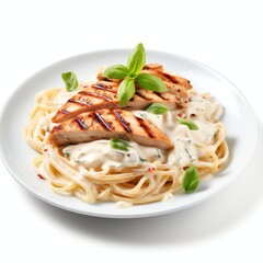 Wall Mural - a Spaghetti white creamy sauce with grilled chicken, studio light , isolated on white background