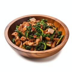 Wall Mural - a pfStir fried kale, spicy crispy pork on wooden table thai food conceptdsdf, studio light