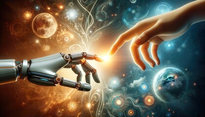 Wall Mural - AI and human unite through technology, a smart robot hand touches human, reflecting AI's intelligence, and the promise of Artificial Intelligence in human-AI relations.