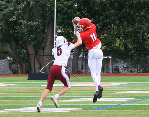 Wall Mural - Football receiver in the air catching the ball in front of the defender