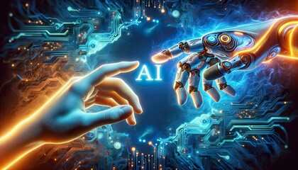 Poster - AI shapes the future as a smart robot hand meets human, Artificial Intelligence drives technology, highlighting human-AI connection, AIâ€™s intelligence in every interaction.