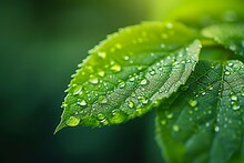 The Delicate Dew Drop Glistens On The Lush Green Leaf, Capturing The Essence Of Nature's Refreshing Moisture In This Captivating Macro Shot