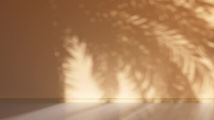 Wall Mural - 3D animation - Shadow of palm leaves moving in the wind in a loop on an empty orange-brown room wall at sunset