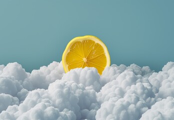 Slice of lemon surrounded by clouds. Summertime, sunny vibes background.