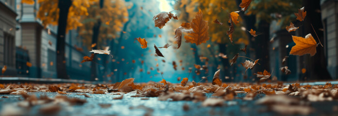 autumn maple leaves falling on the city street.
