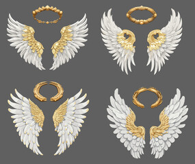 Sticker - Angel wings with gold nimbus. Golden halo above white angels group, winged holy elements vector collection isolated