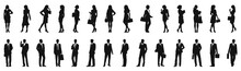 Business People Black Silhouettes Isolated On White. Businessman And Businesswoman Outline Models, Professional Man And Woman Persons Outlined Stencils