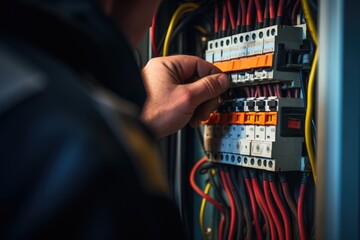 Poster - Close up detail of an electrician hands working with wires and fuse switch box.