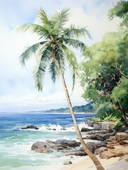 Wall Mural - Watercolor painting of palm trees, palm tree on the beach with sea.