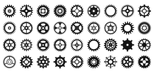 Cogwheels icons. Vector mechanical gears graphics, industrial wheels with cogs isolated, rotation machine gearwheels set on white