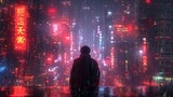 Fototapeta Do pokoju - Mężczyzna stoi nocą w deszczu przed miastem pełnym neonów, bilbordów i świateł