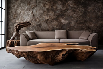 Wall Mural - Craft furniture brown sofa in rustic style and table made of tree trunk in living room next to dark wall