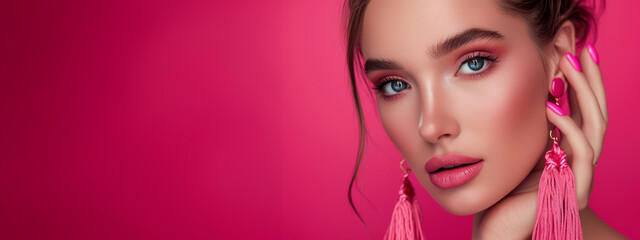 Wall Mural - Beautiful model girl with pink fuchsia manicure on nails . Fashion makeup and cosmetics . Large earrings tassels jewelry Magenta color . Luxury fashion style.