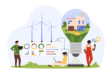 Green renewable energy for smart house. Tiny people control efficient electricity production for building inside light bulb, work with eco friendly wind turbine generator cartoon vector illustration