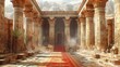 Obraz przedstawiający starożytny korytarz z kolumnami i czerwonym dywanem.