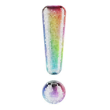 Exclamation mark from glitter mirror facets. 3D rendering isolated on transparent background
