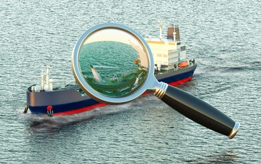 Poster - Oil tanker with magnifying glass, 3D rendering