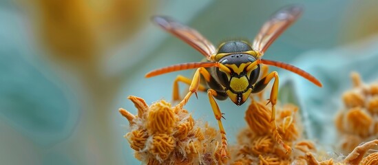 Wall Mural - Stunning Image: Paper Wasp Sitting on Plant, Paper Wasp Sitting on Plant, Paper Wasp Sitting on Plant