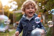A curious toddler marvels at the shimmering bubbles dancing before his bright, innocent face in the warm outdoor sunlight