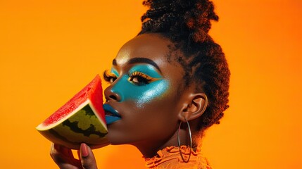 Wall Mural - woman's face glowing with vibrant blue makeup, eating a slice of watermelon