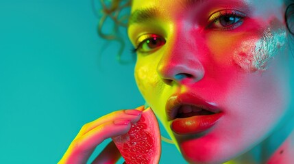 Canvas Print - a woman's face highlighted with vibrant pink makeup, eating a slice of guava