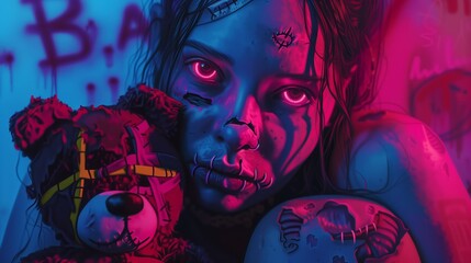 Wall Mural - Poster style painting of a stitched up zombie girl hugging her stitched up teddy bear, cartoon style, vibrant neon colors, Dark Core