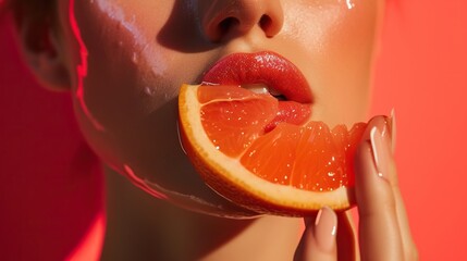 Wall Mural - Woman's lips covered in holographic lip gloss, holding a slice of grapefruit